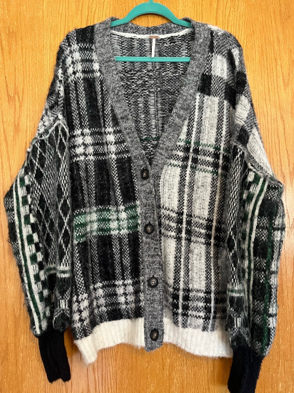 Free People Sepia Plaid Jacquard Oversize Cardigan Black White Green Size Medium